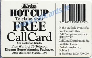 Erin Hot Cup 1995 Callcard (back)