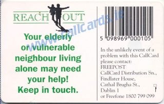 Reach Out Campaign 1996 Callcard featuring Ronnie Drew (back)