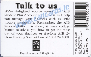 AIB Student Plus 1996 Callcard (back)